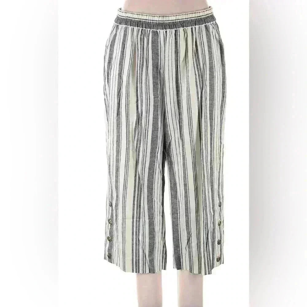 Land 'N Sea Linen Blend Elastic Waist Button Pull-On Cropped Pants striped Sz 1X